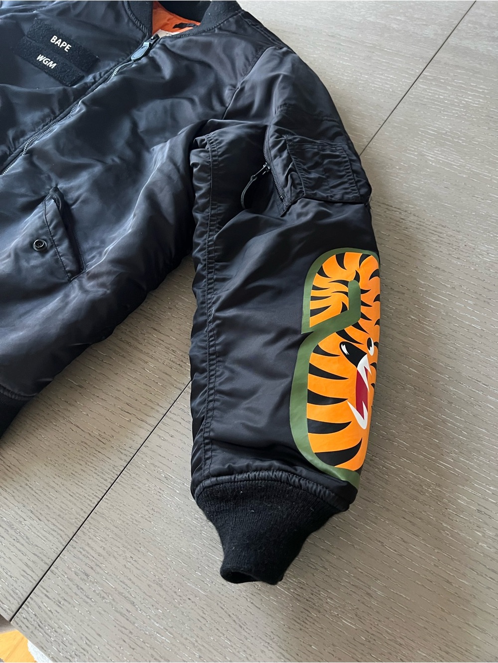 Bape Black Bomber Jacket with Multicolor WGM Sleeve and Tiger Arm Patch - Picture 5 of 7